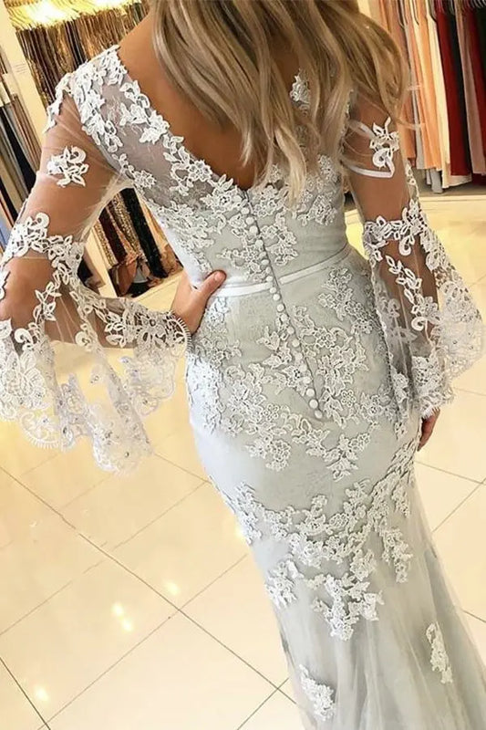 Trumpet/Mermaid V Neck 3/4 Sleeve Sweep Train Tulle Prom Dresses With Waistband Appliqued