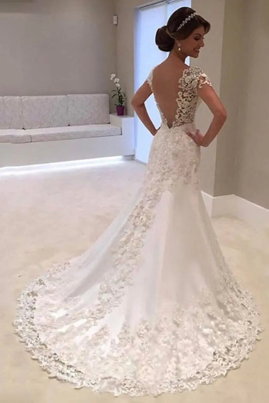 Trumpet/Mermaid Short Sleeves Sweetheart Court Train Lace Wedding Dresses - KAIDRESS