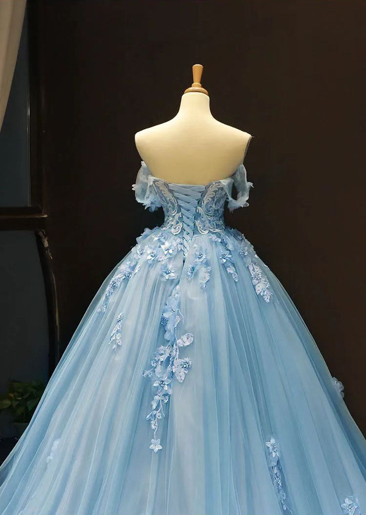 A-Line Off the Shoulder Tulle Applique Long Quinceañera Dresses Blue Formal Prom Dress
