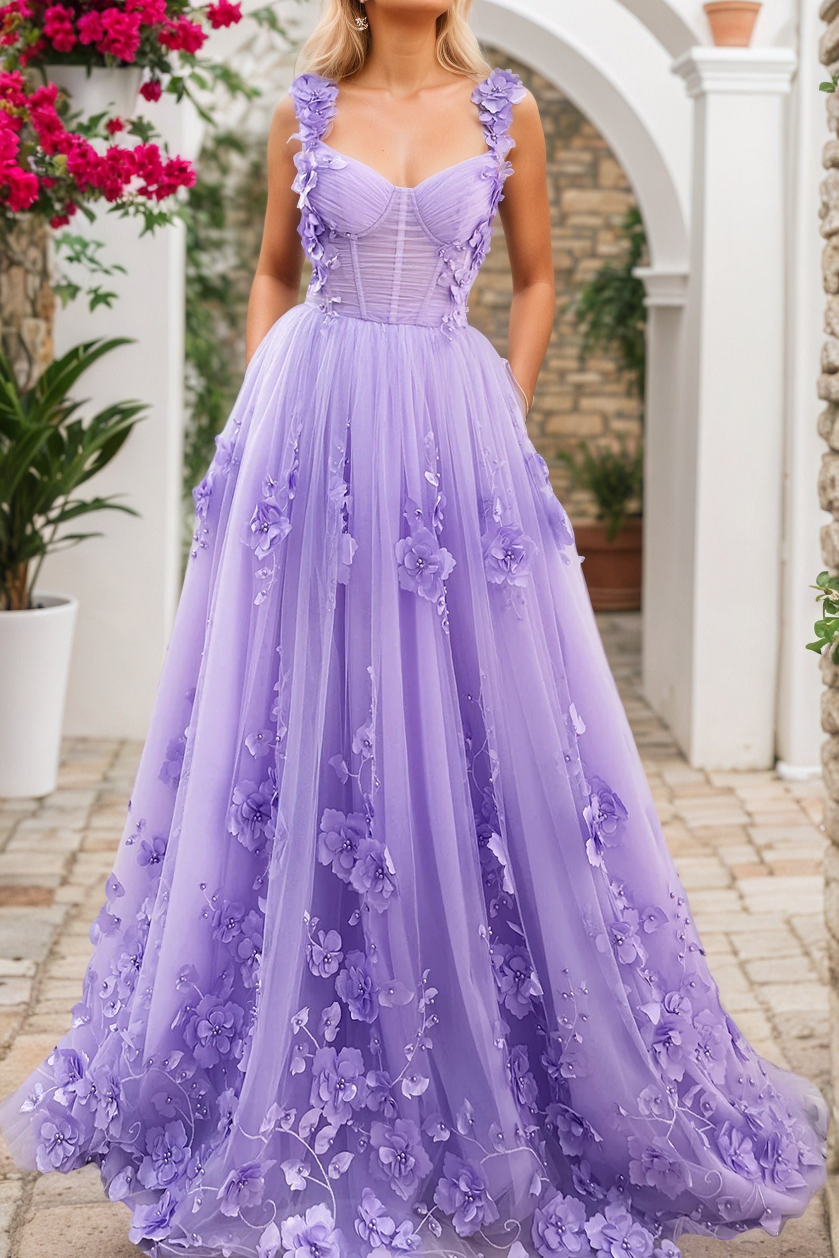 3D Floral Lace Formal Prom Dresses Long Halter Princess Evening Gowns