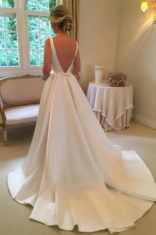 A-line/Princess Bateau Sleeveless Court Train Satin Wedding Dress With Waistband Bowknot-744