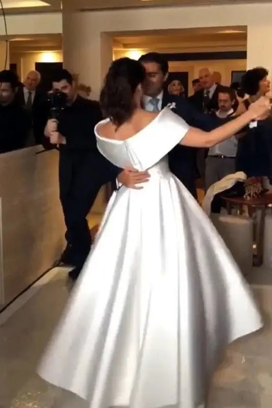 Satin Wedding Dress A-line/Princess Off-the-Shoulder Sleeveless Asymmetrical With Pleated-748
