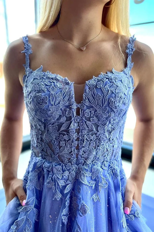 A-Line/Princess Tulle Halter Sleeveless Long Prom Dress Lavender Pocket Prom Gown-902