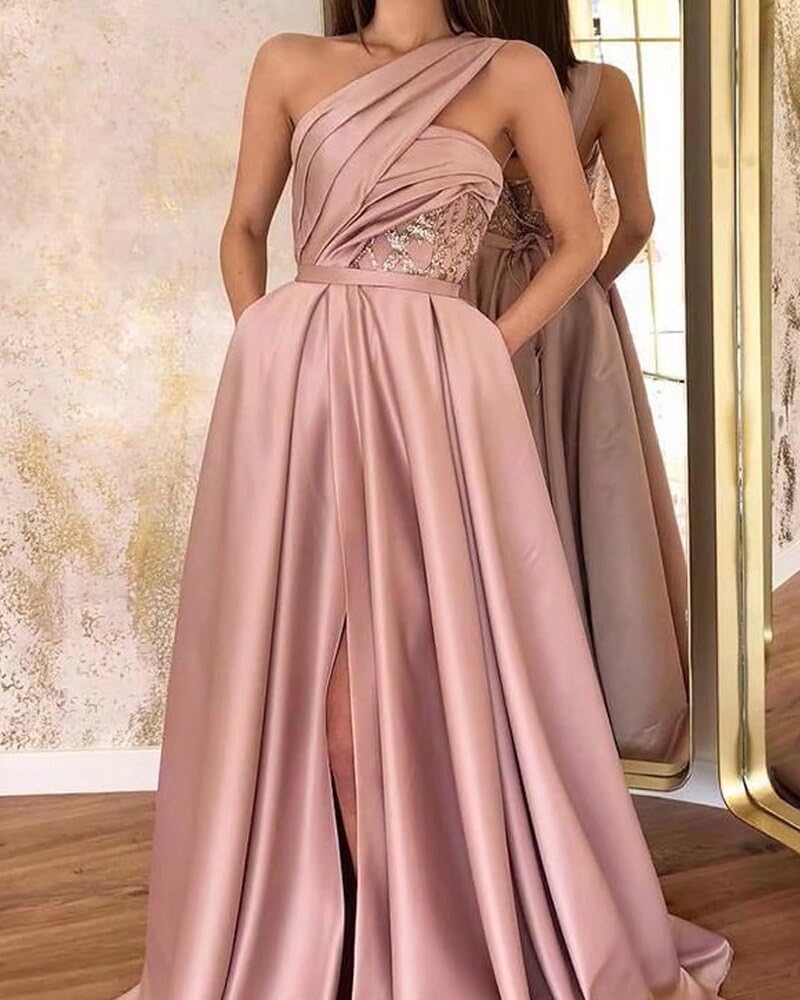 A-line One-Shoulder Sleeveless Sweep Train Satin Prom Dresses With Split Pleated