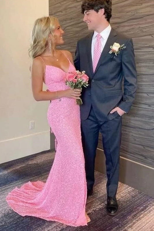 Trumpet/Mermaid V Neck Sleeveless Sweep Train Allover Sparkly Sequined Prom Dress With Split-867
