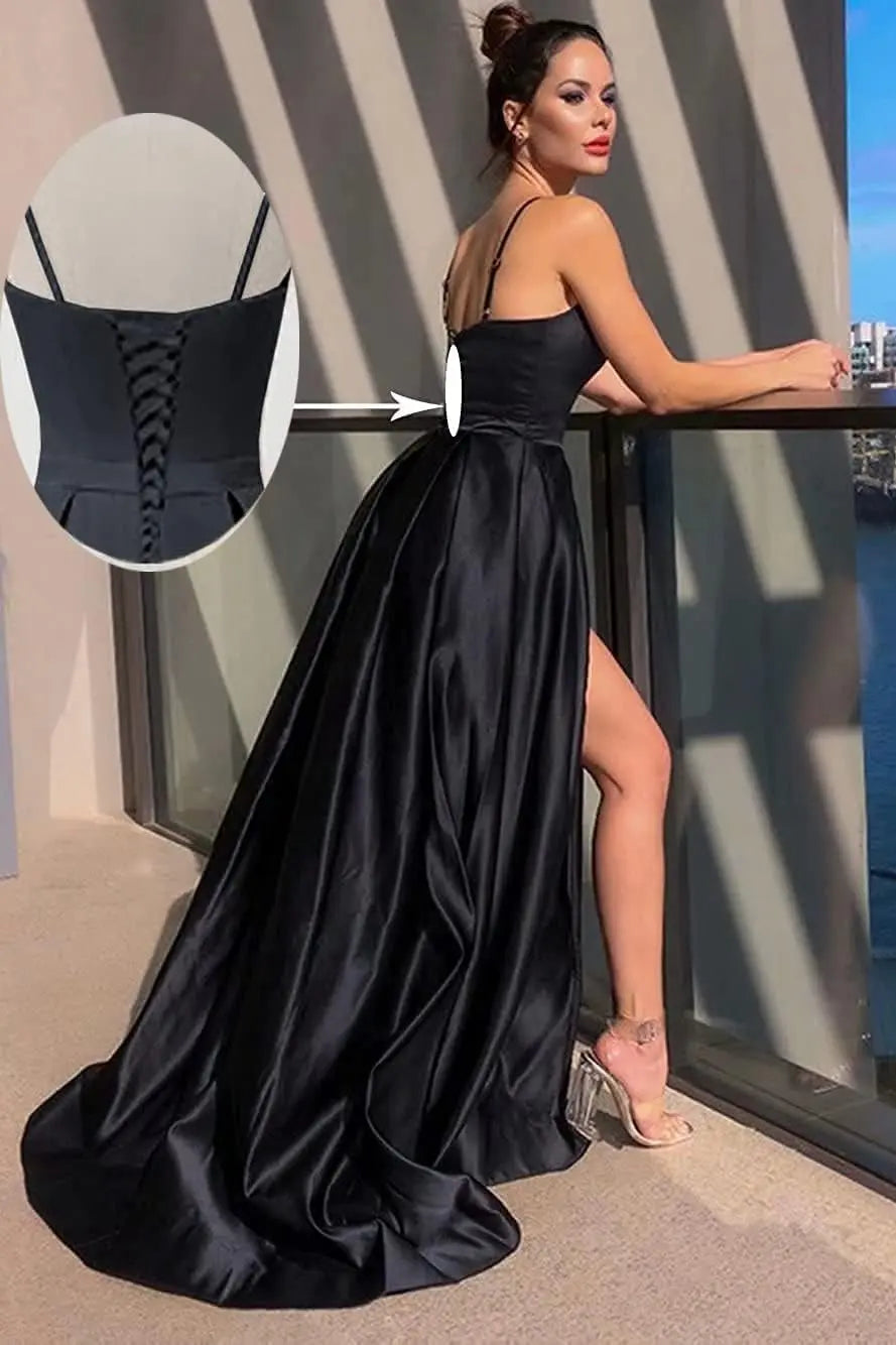A-line Sleeveless V Neck Long/Floor-Length Satin Prom Dresses With Split Pockets - KAIDRESS