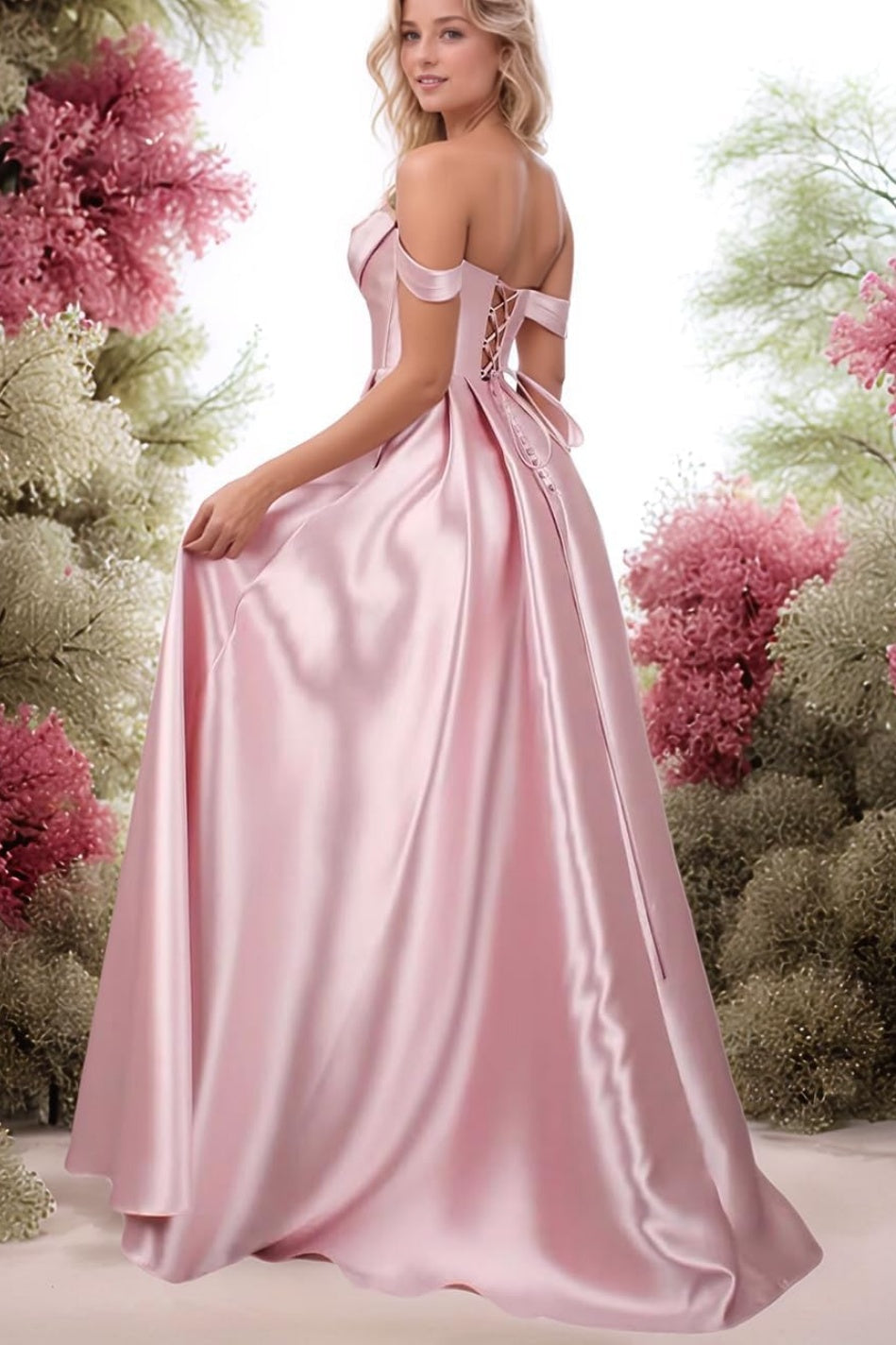 A-Line Satin Long Prom Dress, Simple Off the Shoulder Evening Party Dress With Pockets