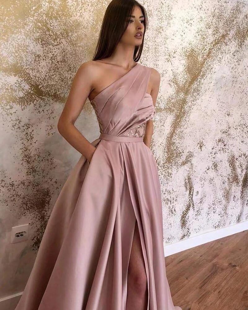 A-line One-Shoulder Sleeveless Sweep Train Satin Prom Dresses With Split Pleated