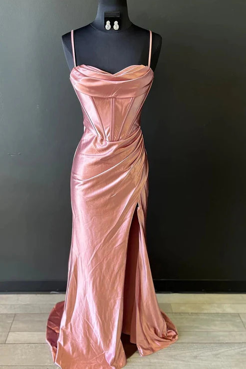 Sheath/Column Sweetheart Sleeveless Silk like Satin Sweep Train Prom Dresses With Split Ruffles