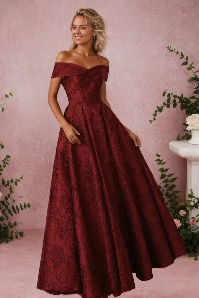A-Line Off Shoulder Satin Burgundy Long Prom Dress Floral Jacquard Formal Ball Gowns - KAIDRESS