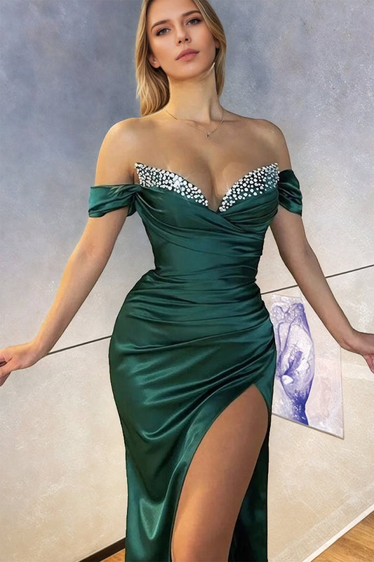 Trumpet/Mermaid Silk Off-the-Shoulder Long Prom Dresses with Slit