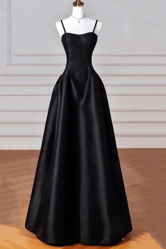 A-Line/Princess Halter Satin Sleeveless Long Prom Dress Black Prom Gown-0