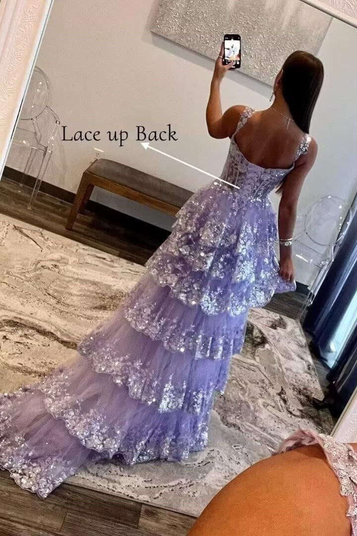 A-Line/Princess Tulle Lace Straps Sleeveless Court Train Prom Dresses