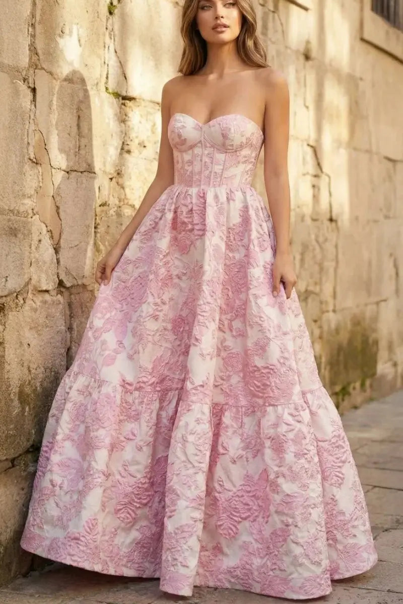 A-line sweetheart prom dress by KAIDRESS featuring 3D floral print and long flowing skirt for elegant formal occasions.