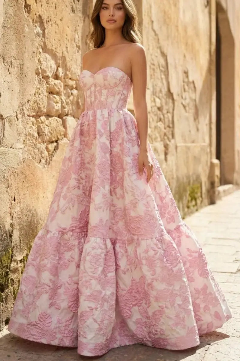 KAIDRESS A-line sweetheart prom dress with 3D floral print, long flowing skirt, perfect for elegant evening events.