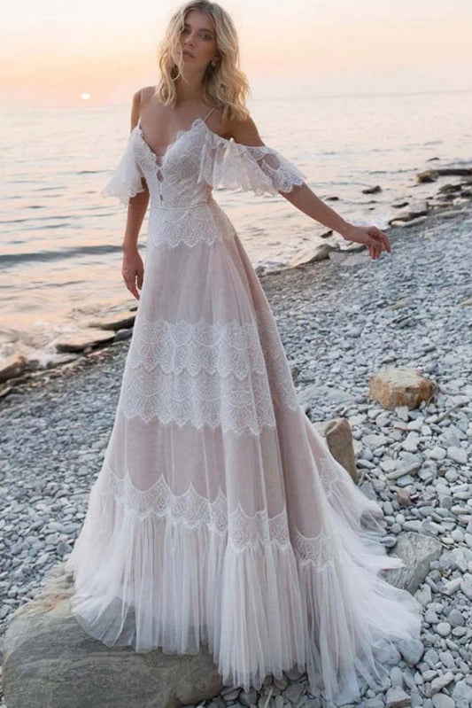 A-Line Bohemian Beach Champagne Spaghetti Straps Backless Lace Wedding Dresses