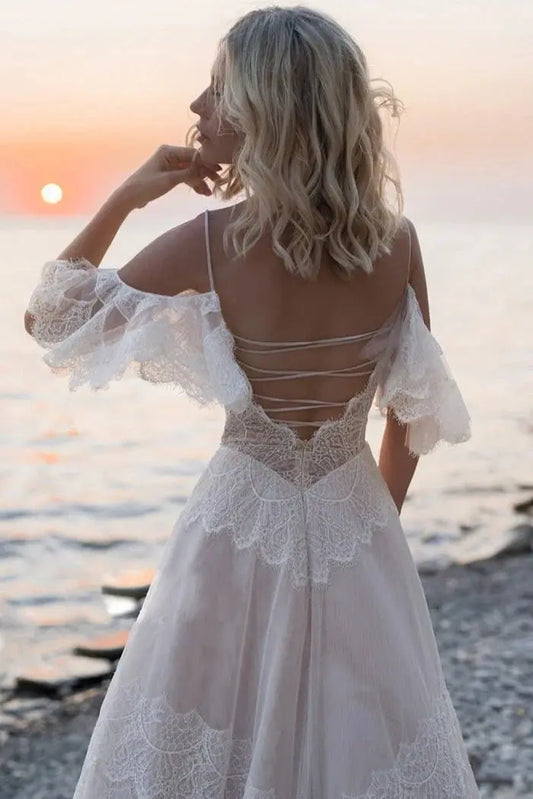 A-Line Bohemian Beach Champagne Spaghetti Straps Backless Lace Wedding Dresses