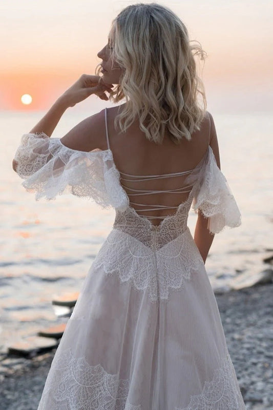 A-Line Bohemian Beach Champagne Spaghetti Straps Backless Lace Wedding Dresses