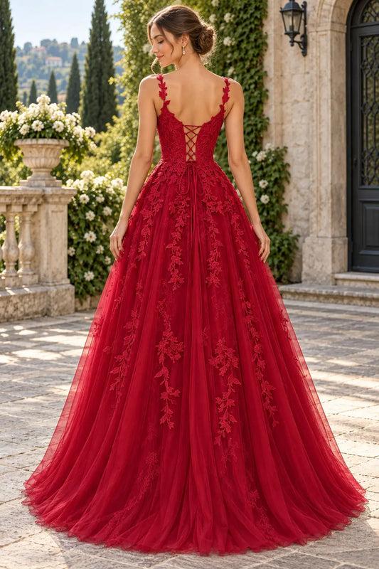 A-Line Lace Prom Dresses Long V Neck Sleeveless Formal Maxi Dress