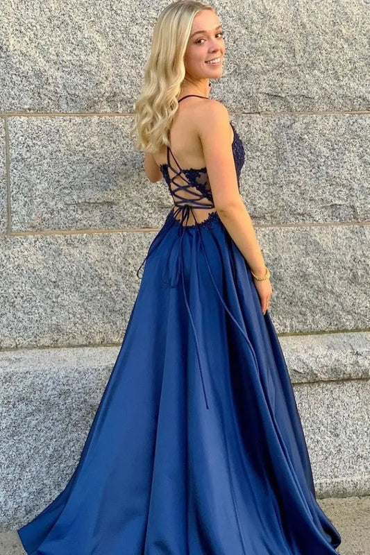 A-Line/Princess Applique Spaghetti Straps Satin Sleeveless Floor-Length Prom Dresses