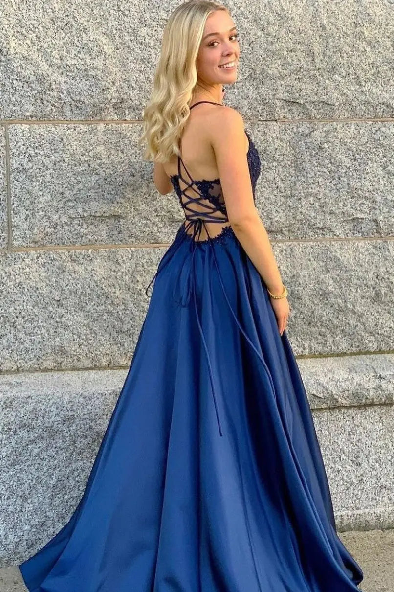 A-Line/Princess Applique Spaghetti Straps Satin Sleeveless Floor-Length Prom Dresses
