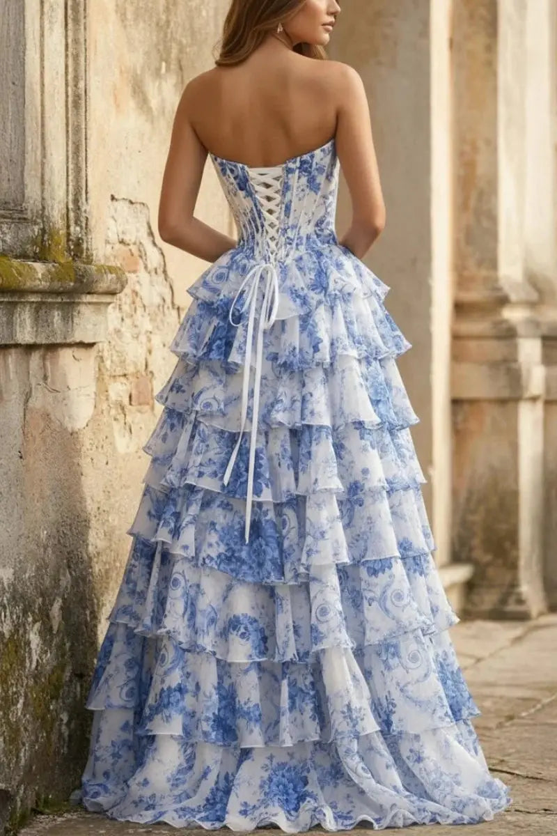 Kaidress A-line princess floral blush chiffon prom dress with tiered design, long silhouette, corset top, and side slit.