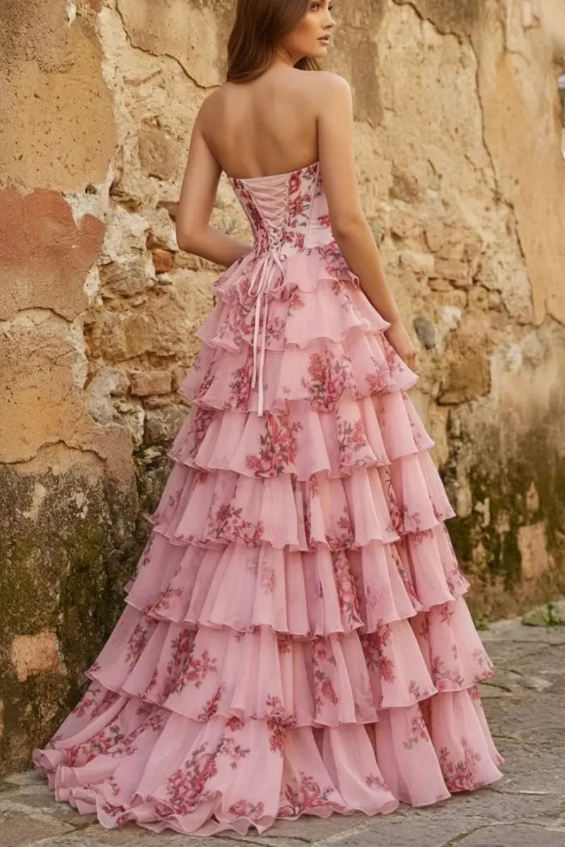 Kaidress floral blush A-line princess prom dress with tiered chiffon, corset bodice, and thigh-high slit for elegant evening wear.