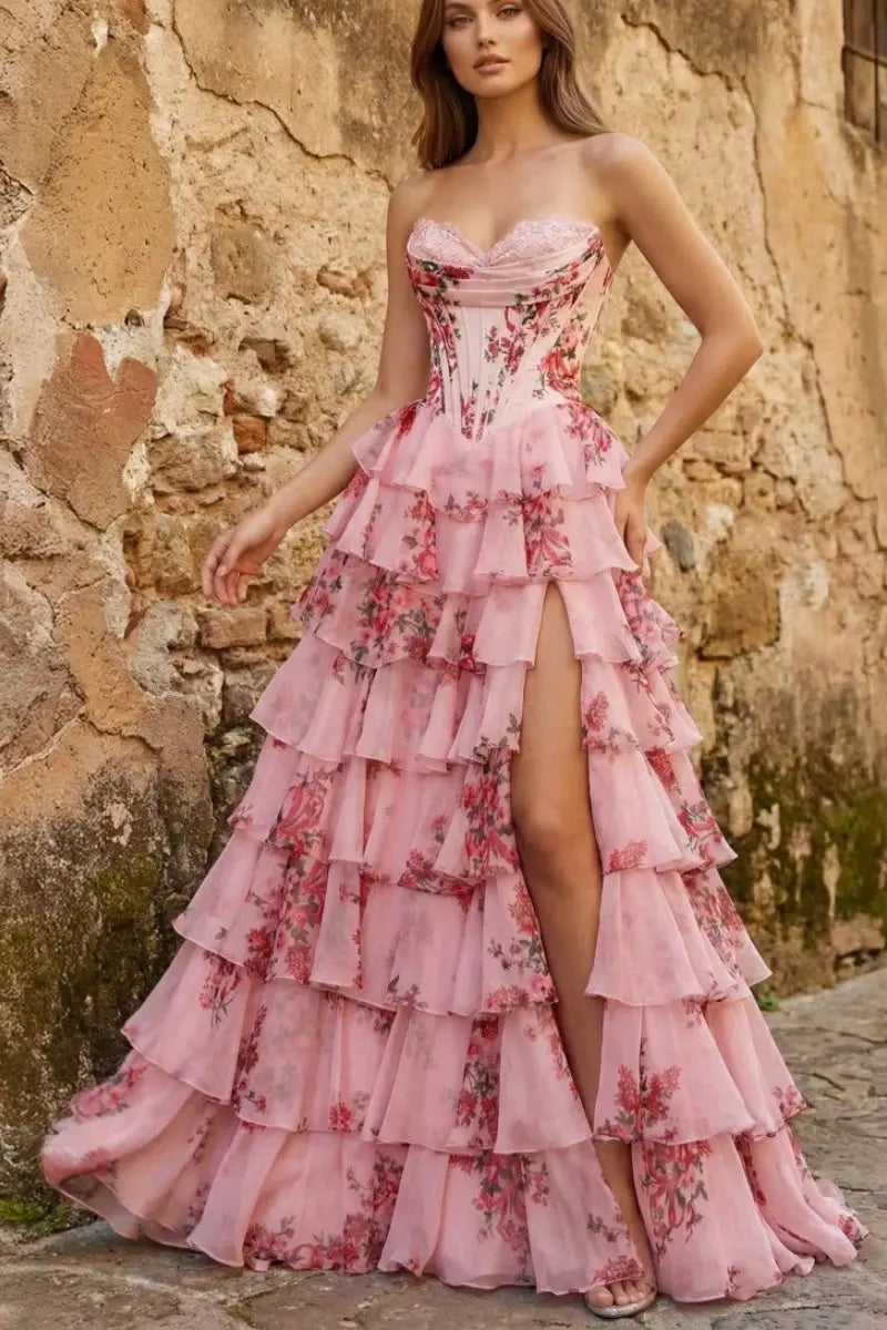Kaidress floral blush A-line prom dress with tiered chiffon, long corset style, slit, and princess silhouette.