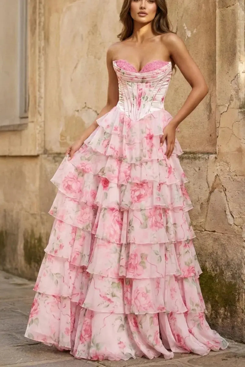 Kaidress floral blush A-line prom dress with tiered chiffon, long corset style, slit, and princess silhouette.