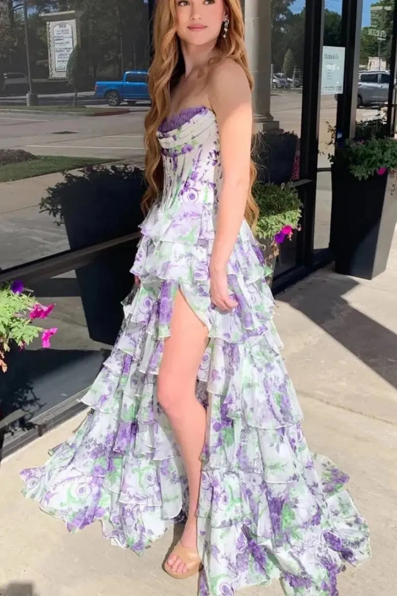 Kaidress floral blush A-line princess prom dress with tiered chiffon, corset bodice, and slit, perfect for elegant formal occasions.