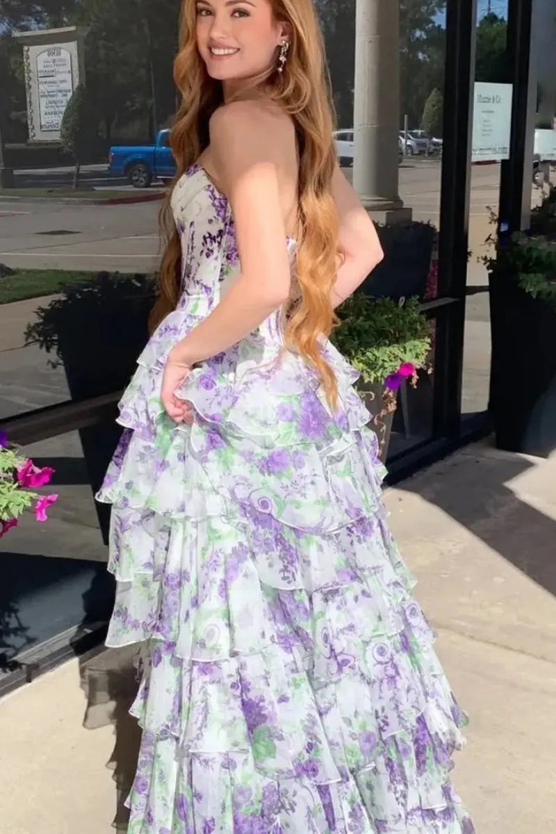 Kaidress floral blush A-line prom dress with tiered chiffon, long corset design, and a side slit, perfect for elegant occasions.