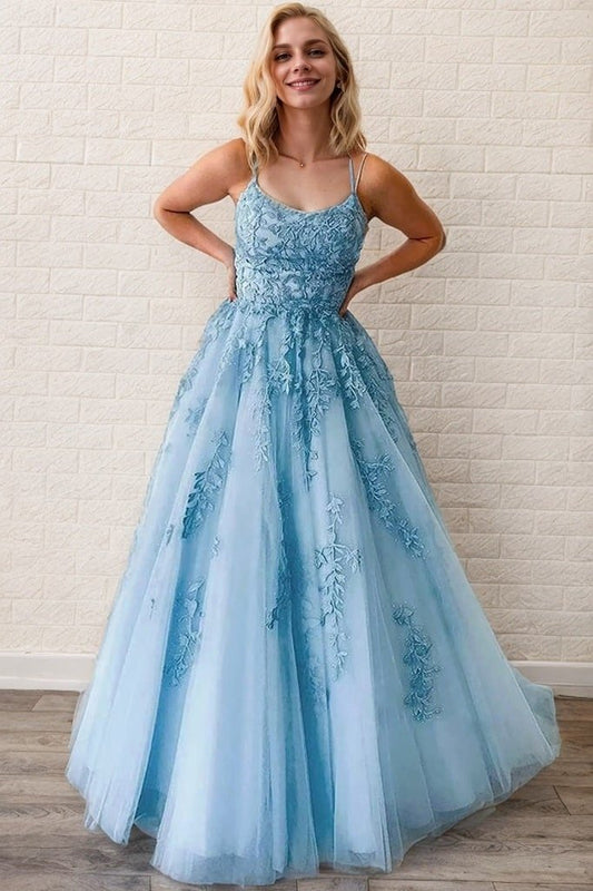 Tulle Blue Lace Formal Prom Dresses Halter Long Princess Evening Gowns