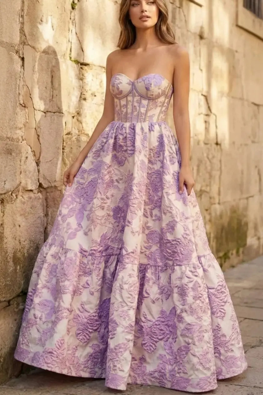 Elegant A-line sweetheart prom dress by KAIDRESS with 3D floral print and long flowing skirt for formal occasions.
