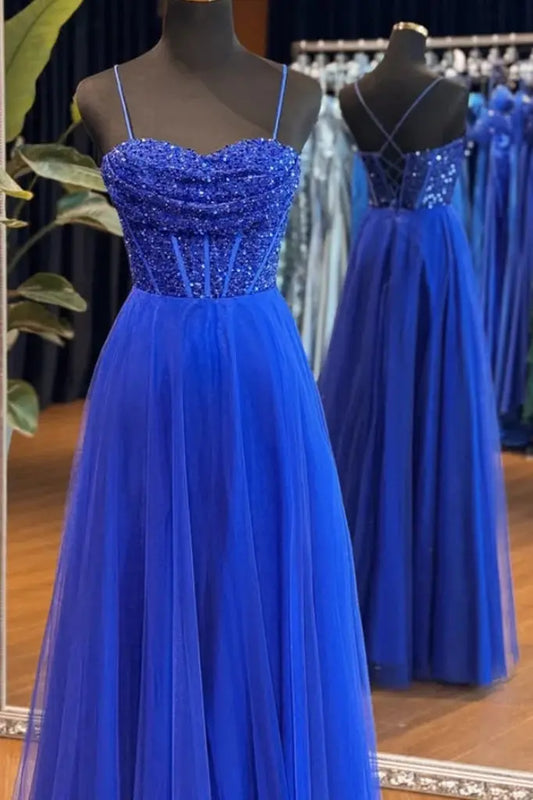 A-Line Sweetheart Neck Tulle Sequin Blue Long Prom Dress, Blue Long Formal Dress