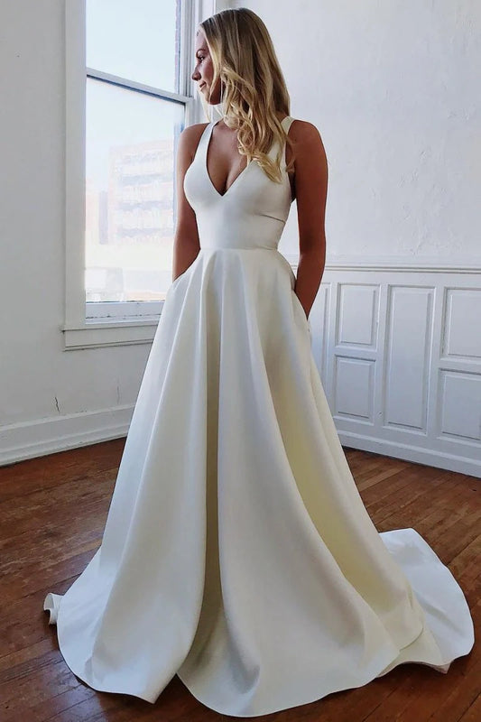A-Line V-Neck Satin Long Simple Wedding Dresses with Pocket and Bow-Knot