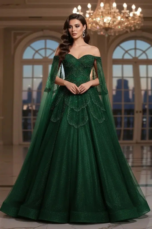 A-line Elegant Off Shoulder Formal Evening Gowns with Cape Sleeves Dresses KAIDRESS