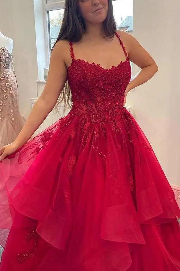 A-line Princess V Neck Floor-Length Tulle Prom Dresses with Appliqued - KAIDRESS