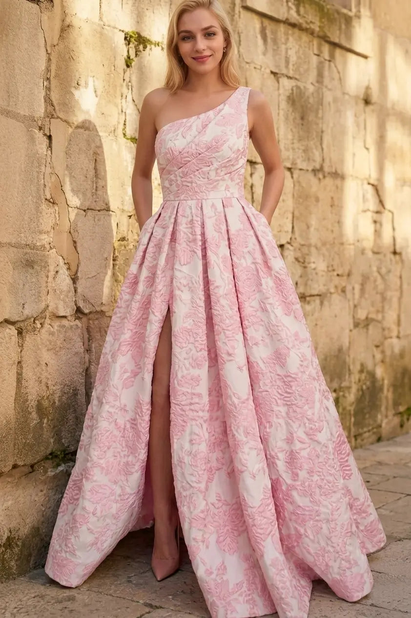 A-line Sleeveless One-Shoulder Long Satin 3D Floral Prom Dress With Split Ruffles Pockets - KAIDRESS