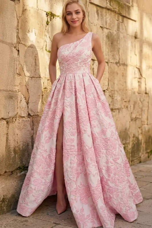 A-line Sleeveless One-Shoulder Long Satin 3D Floral Prom Dress With Split Ruffles Pockets - KAIDRESS