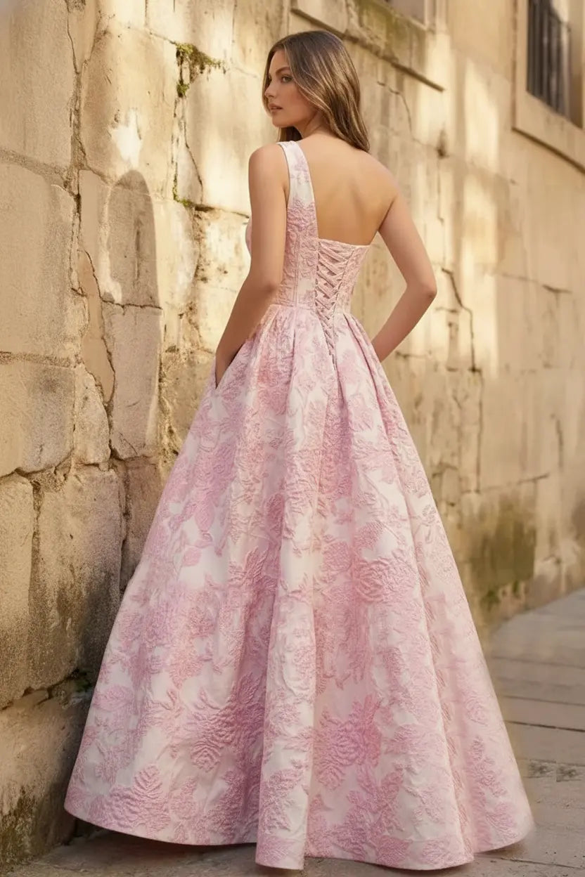 A-line Sleeveless One-Shoulder Long Satin 3D Floral Prom Dress With Split Ruffles Pockets - KAIDRESS