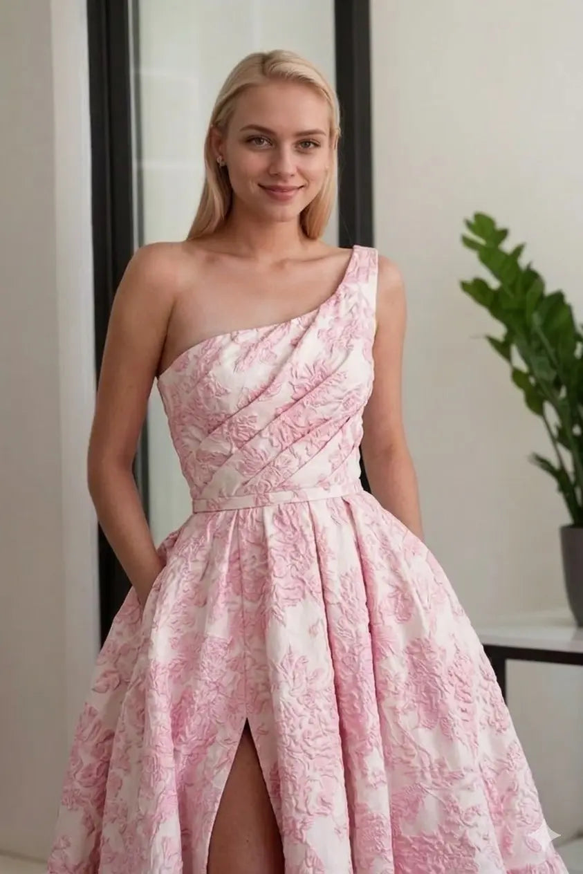 A-line Sleeveless One-Shoulder Long Satin 3D Floral Prom Dress With Split Ruffles Pockets - KAIDRESS