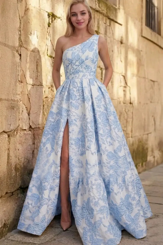 A-line Sleeveless One-Shoulder Long Satin 3D Floral Prom Dress With Split Ruffles Pockets - KAIDRESS