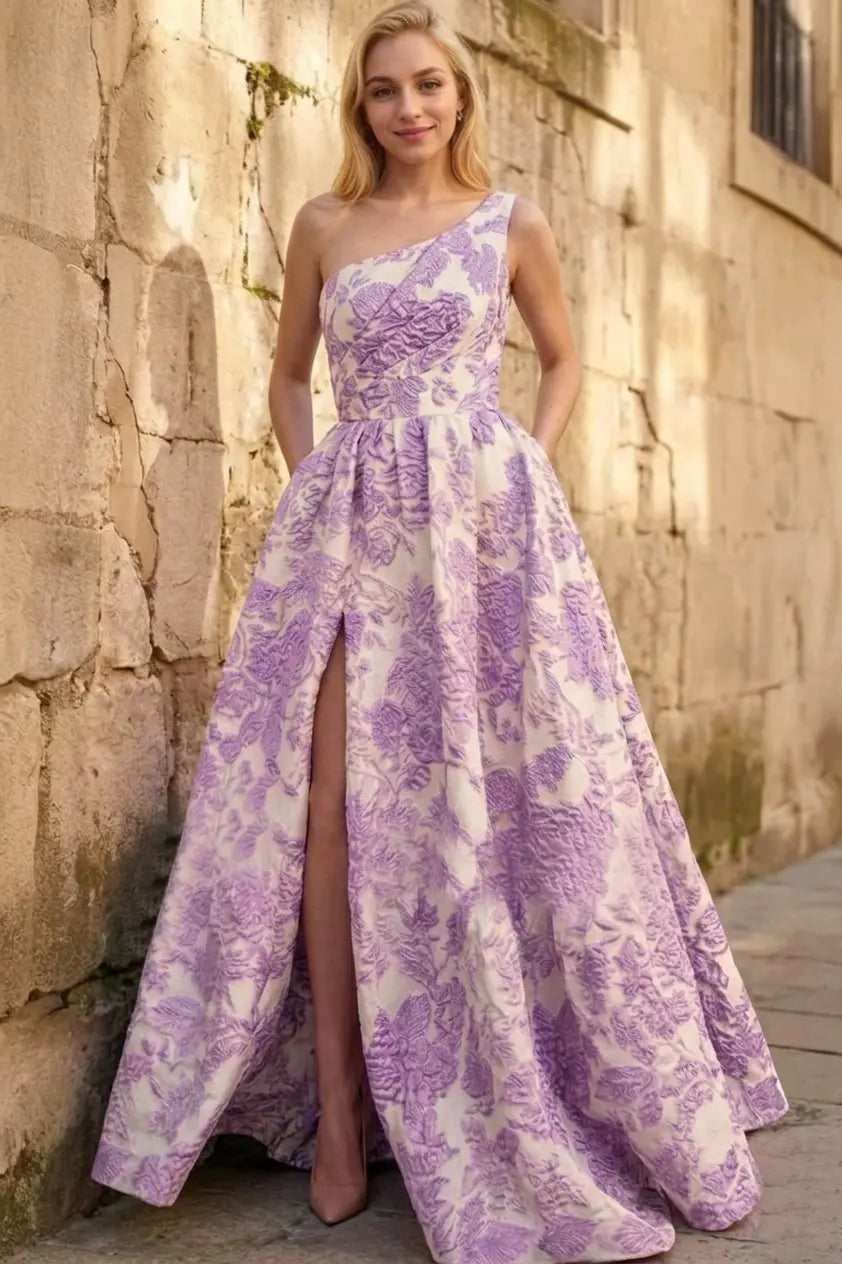 A-line Sleeveless One-Shoulder Long Satin 3D Floral Prom Dress With Split Ruffles Pockets - KAIDRESS