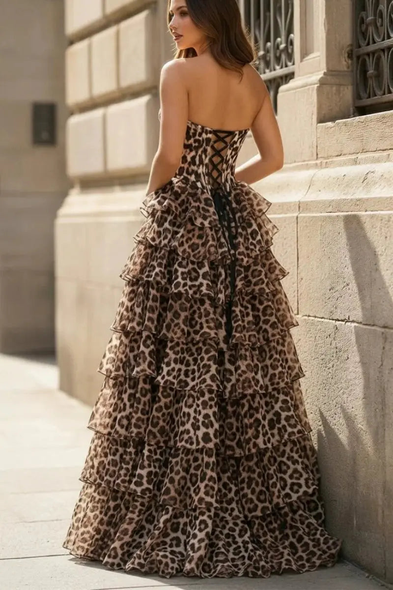 KAIDRESS leopard print A-line strapless corset prom dress with tiered ruffles and a side slit, perfect for elegant occasions