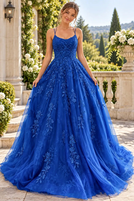 A-line Bateau Neckline Spaghetti Straps Long/Sweep Train Tulle Lace Prom Dresses