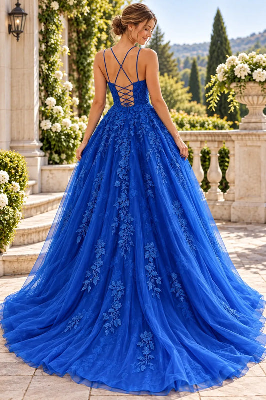 A-line Bateau Neckline Spaghetti Straps Long/Sweep Train Tulle Lace Prom Dresses