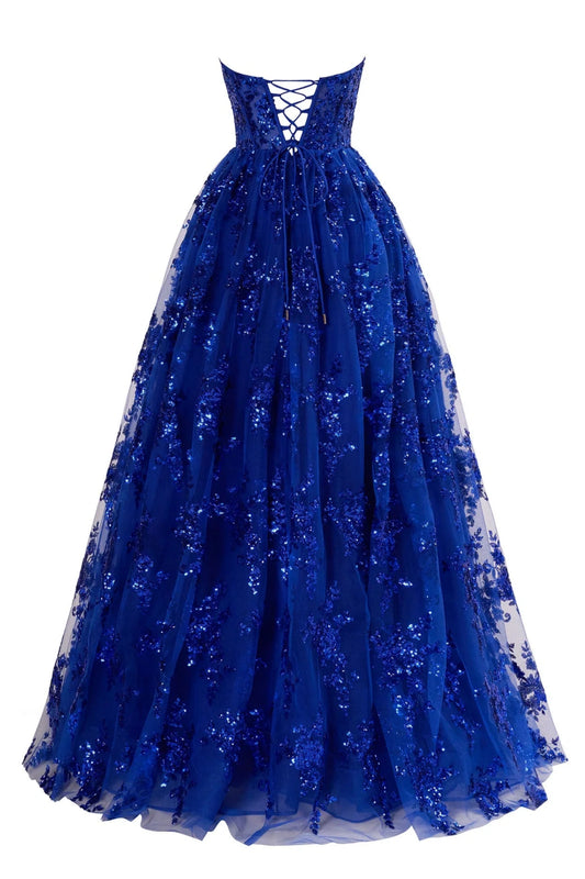 A-line Bateau Strapless Long/Floor-Length Lace Prom Dresses With Pockets Special Occasion Dresses