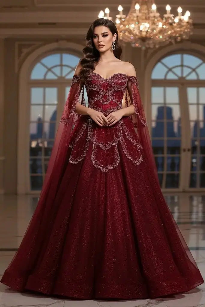 A-line Elegant Off Shoulder Formal Evening Gowns with Cape Sleeves Dresses KAIDRESS