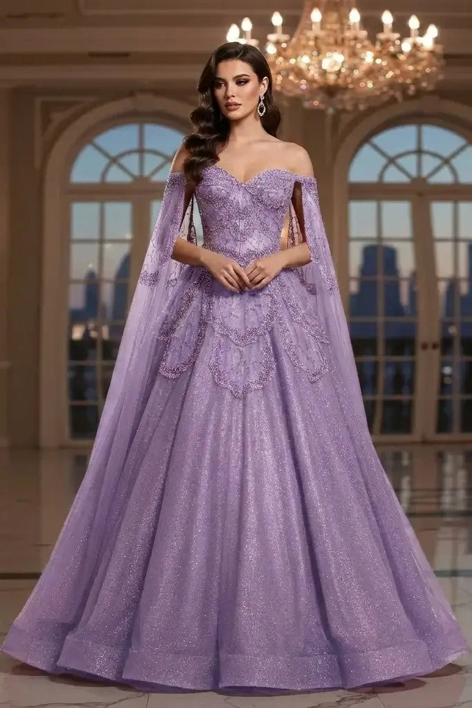 A-line Elegant Off Shoulder Formal Evening Gowns with Cape Sleeves Dresses KAIDRESS