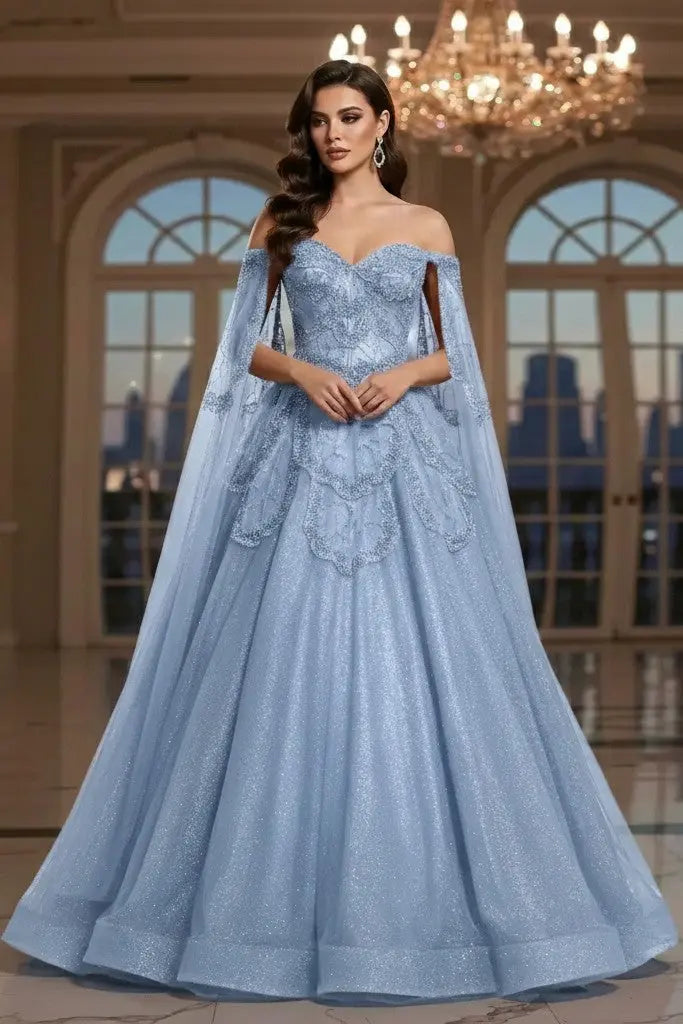 A-line Elegant Off Shoulder Formal Evening Gowns with Cape Sleeves Dresses KAIDRESS